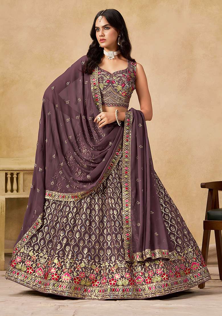 Purple Sequins And Thread Embroidery Work Georgette Lehenga Choli for Diwali and Festive Wear - Indya