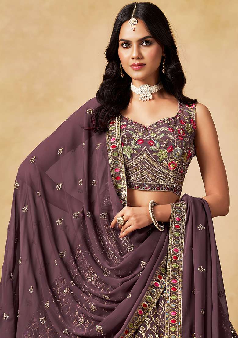 Purple Sequins And Thread Embroidery Work Georgette Lehenga Choli for Diwali and Festive Wear - Indya