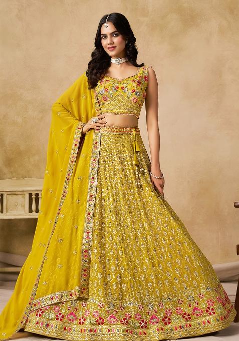 Yellow Sequins And Thread Embroidery Work Georgette Lehenga Choli