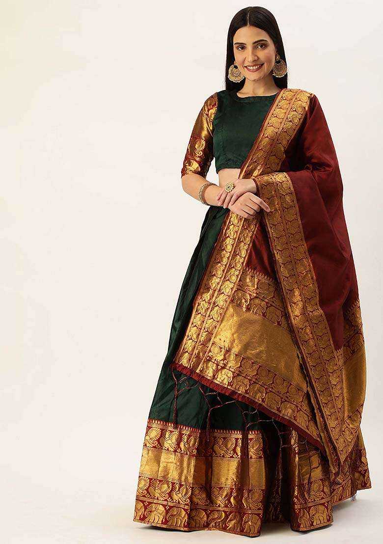 Green Zari Work Silk Blend Lehenga Set for Diwali and Festive Wear - Indya