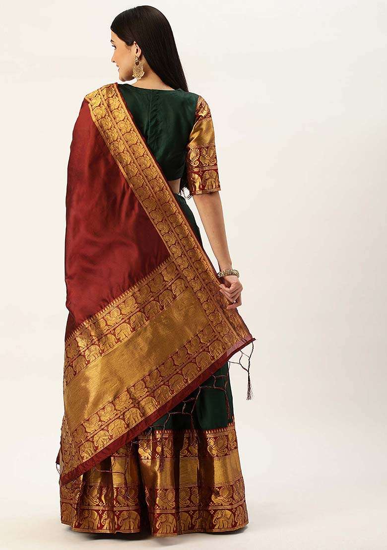 Green Zari Work Silk Blend Lehenga Set for Diwali and Festive Wear - Indya
