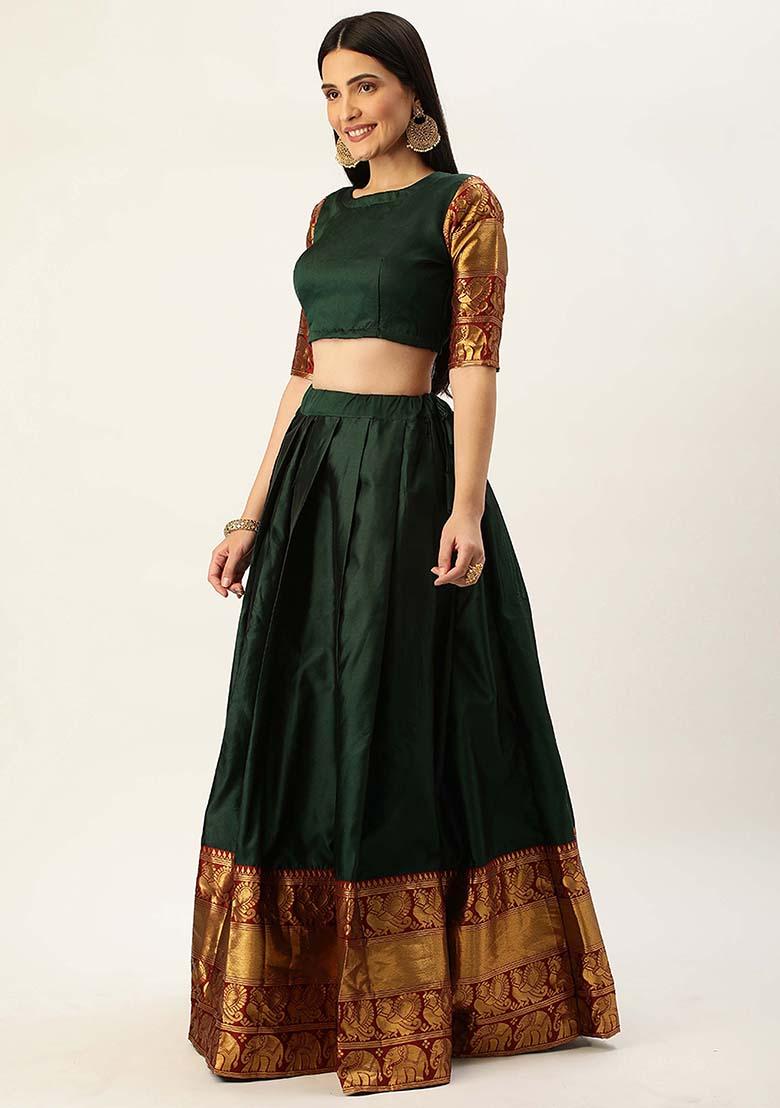 Green Zari Work Silk Lehenga Set - Indya