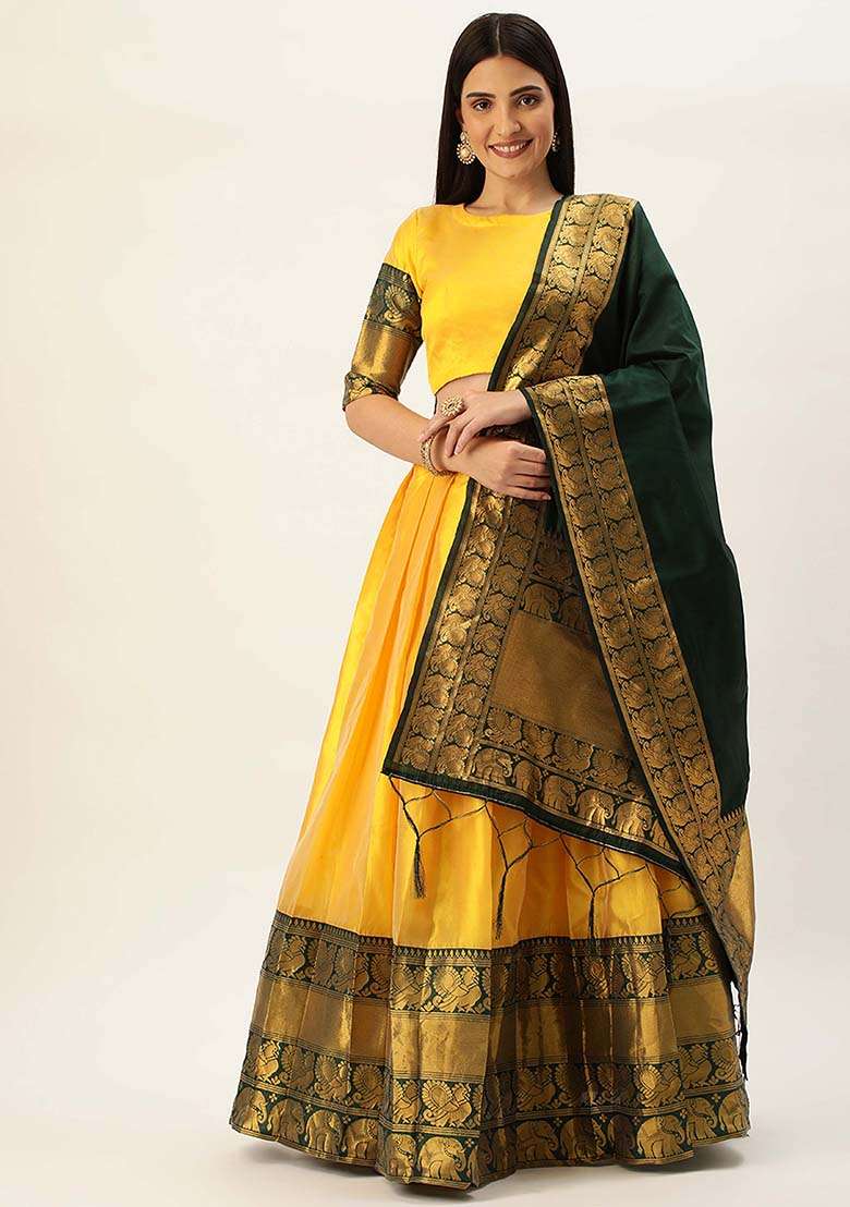 Yellow Zari Work Silk Blend Lehenga Set for Diwali and Festive Wear - Indya