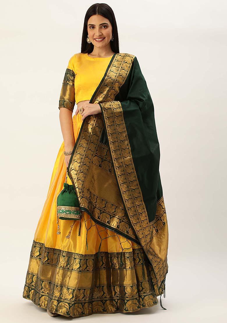Yellow Zari Work Silk Lehenga Set - Indya