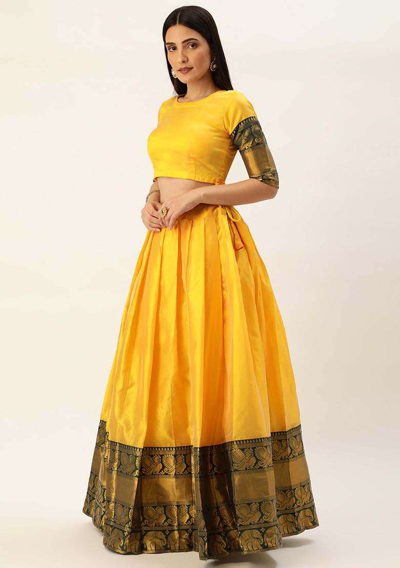 Yellow Zari Work Silk Blend Lehenga Set for Diwali and Festive Wear - Indya