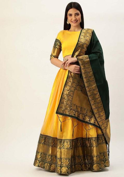 Yellow Zari Work Silk Lehenga Set
