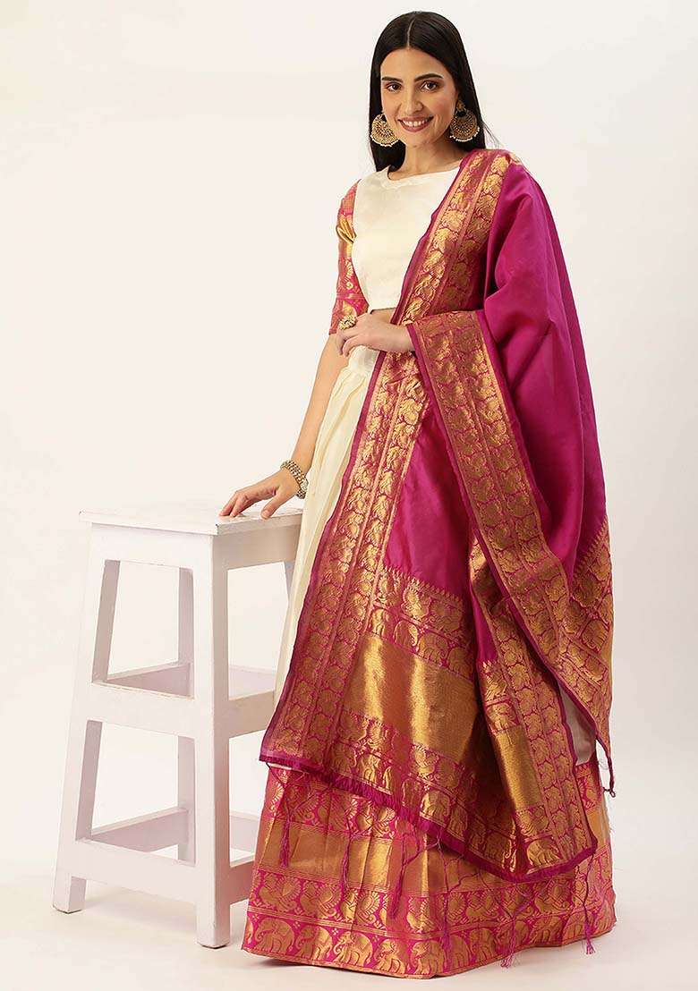 Off White Silk Blend Lehenga Set with Zari Work for Diwali | Wedding & Festive Wear - Indya