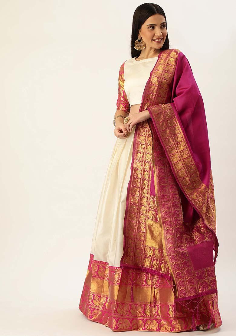 Off White Zari Work Silk Lehenga Set - Indya