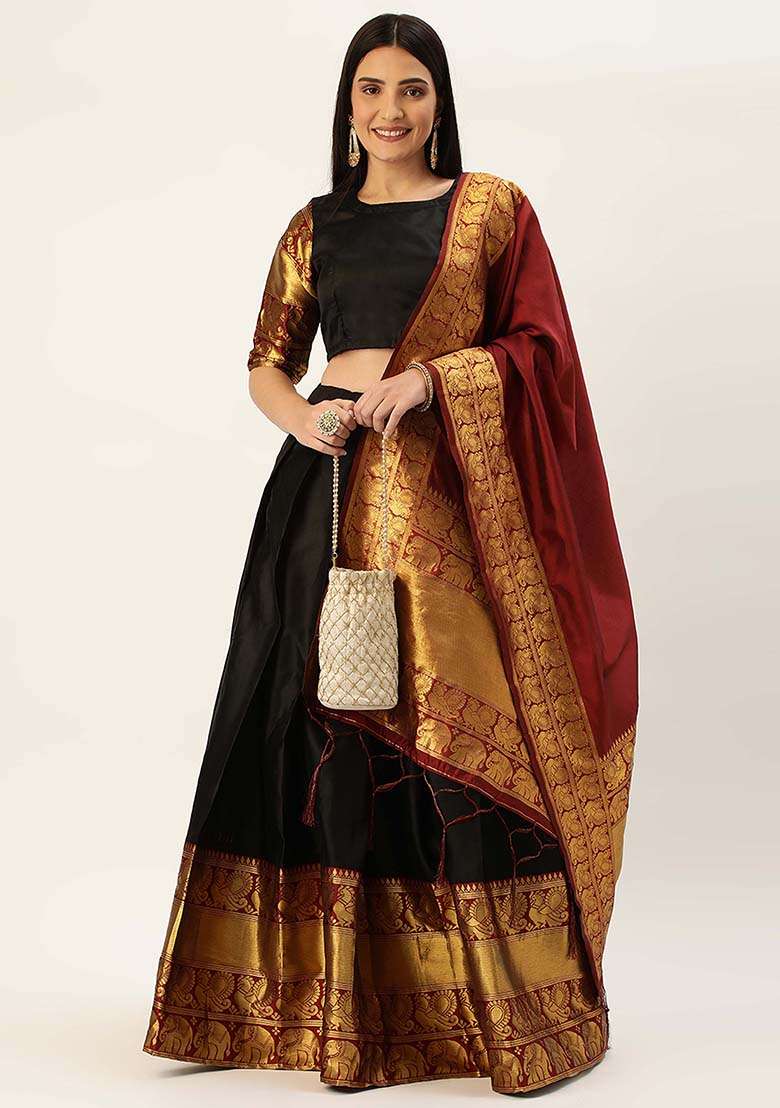 Black Zari Work Silk Blend Lehenga Set for Diwali and Festive Wear - Indya