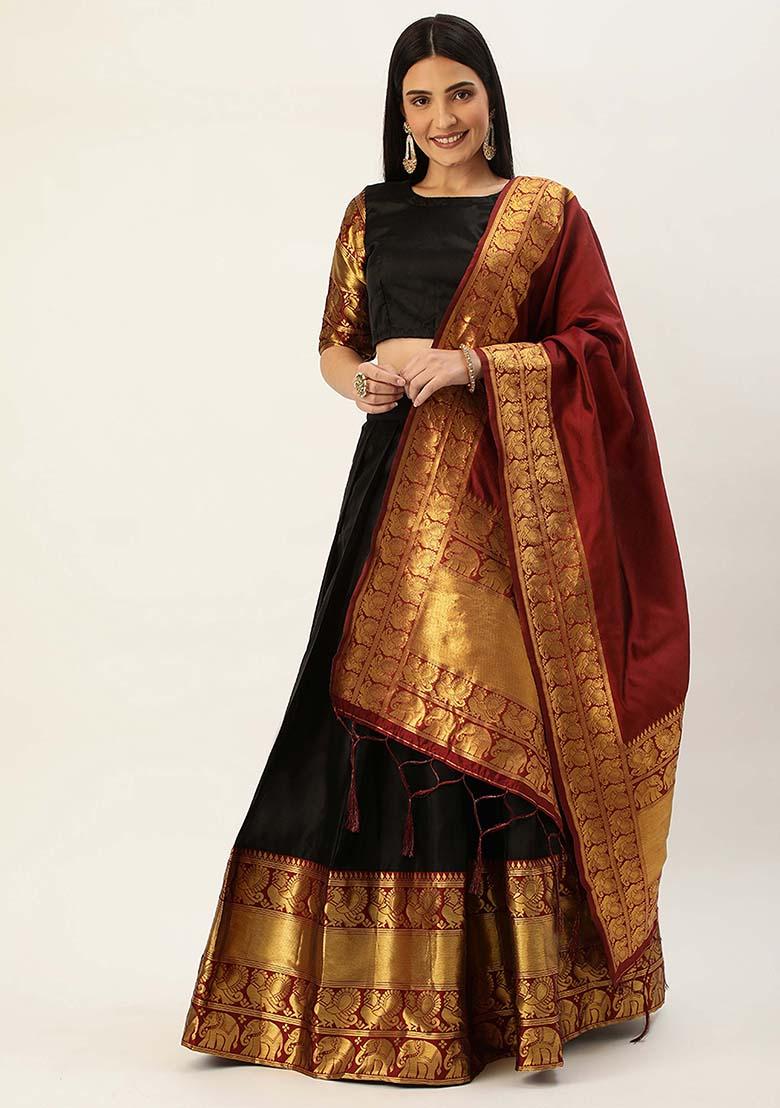 Black Zari Work Silk Lehenga Set - Indya