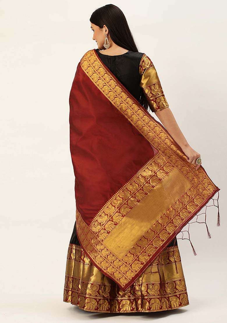 Black Zari Work Silk Blend Lehenga Set for Diwali and Festive Wear - Indya