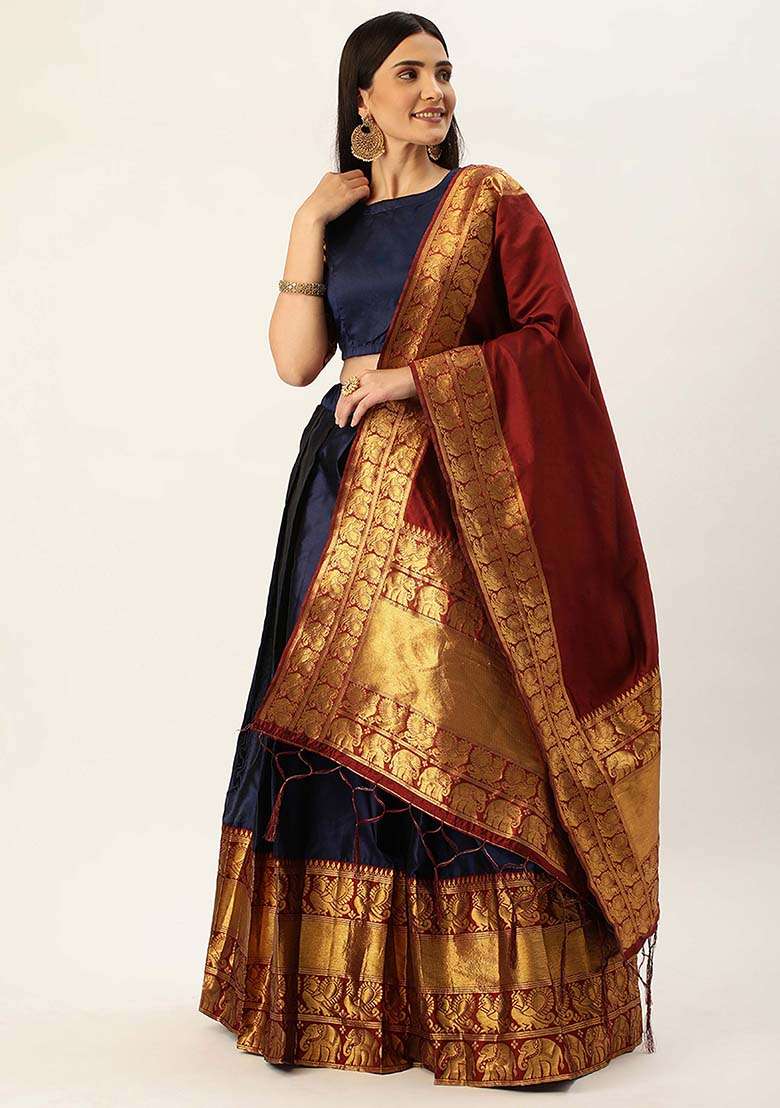 Navy Blue Silk Blend Lehenga Set with Zari Work for Diwali | Wedding & Festive Wear - Indya