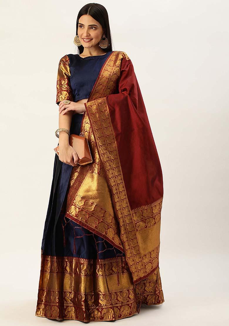 Navy Blue Zari Work Silk Lehenga Set - Indya