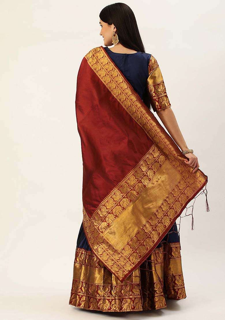 Navy Blue Silk Blend Lehenga Set with Zari Work for Diwali | Wedding & Festive Wear - Indya