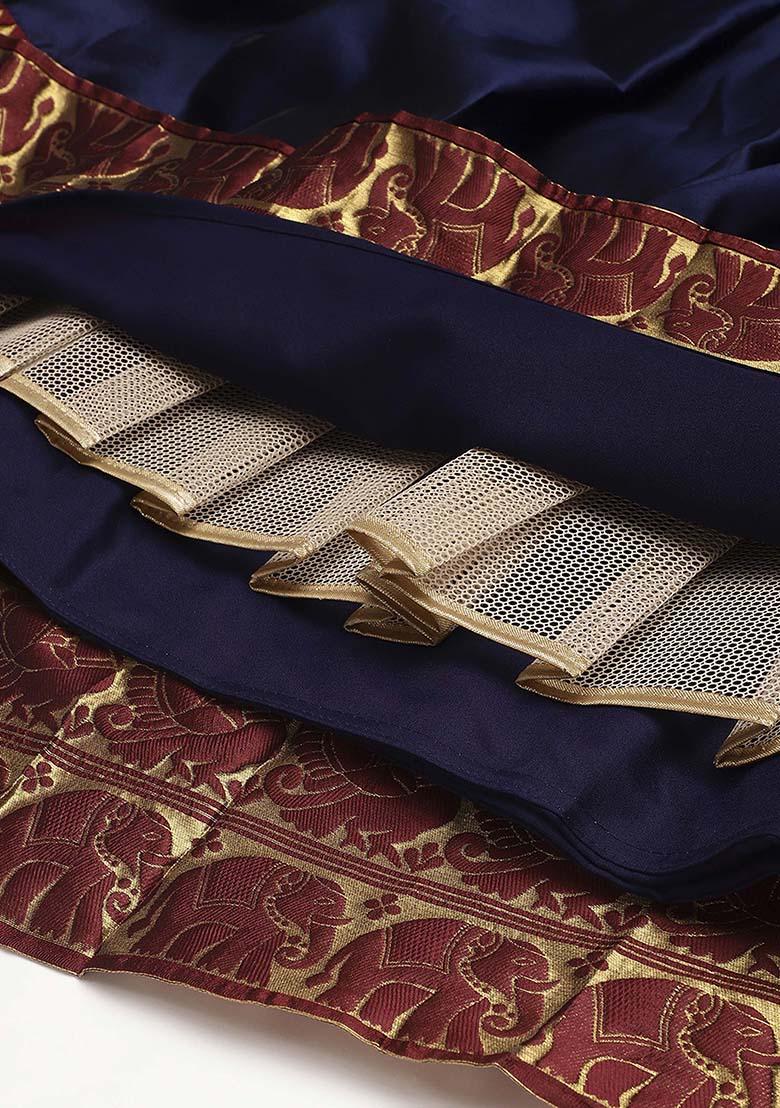 Navy Blue Zari Work Silk Lehenga Set - Indya