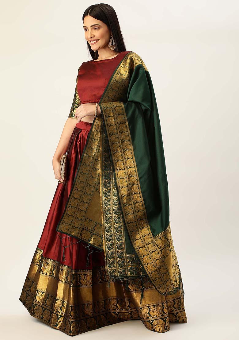 Maroon Zari Work Silk Lehenga Set - Indya