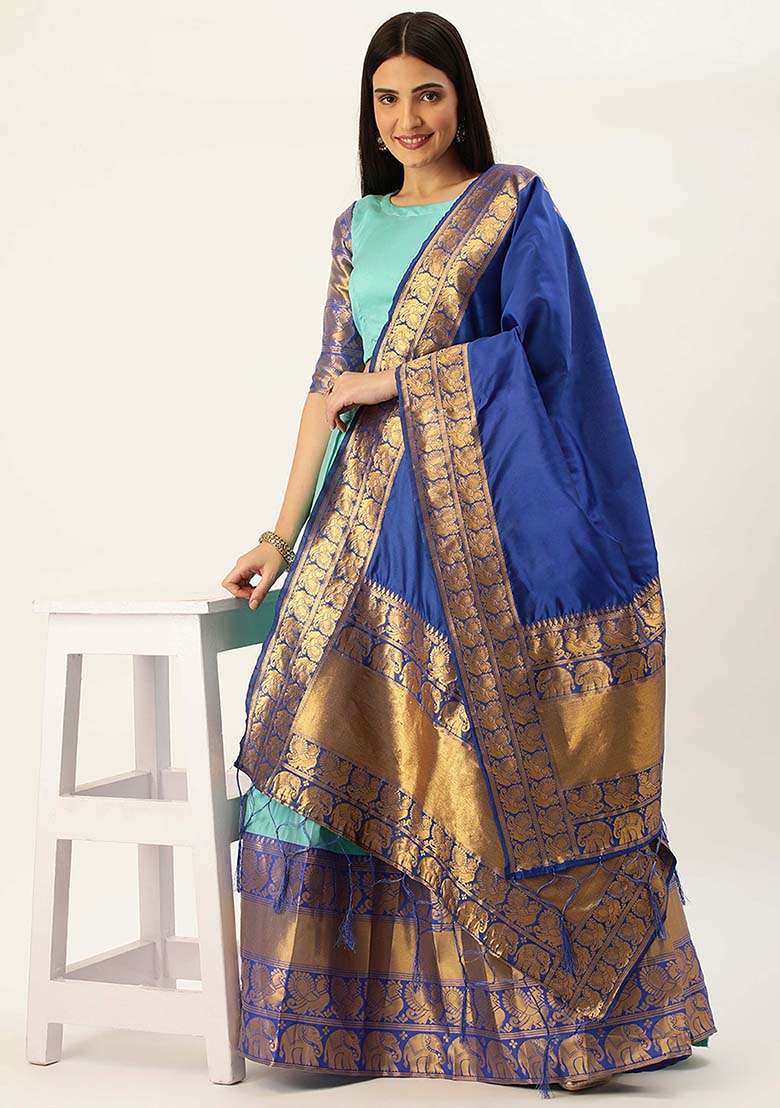 Sky Blue Zari Work Silk Blend Lehenga Set for Diwali and Festive Wear - Indya