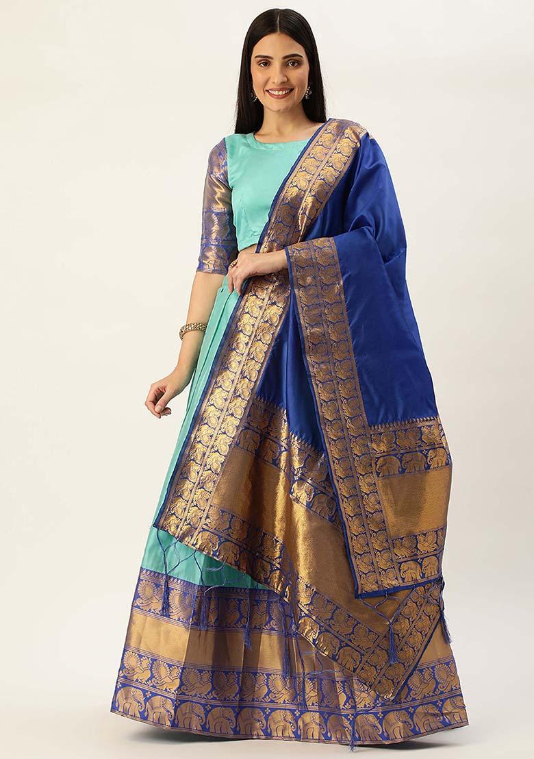 Sky Blue Zari Work Silk Lehenga Set - Indya