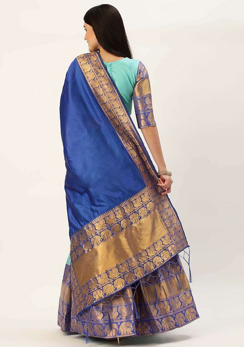 Sky Blue Zari Work Silk Blend Lehenga Set for Diwali and Festive Wear - Indya