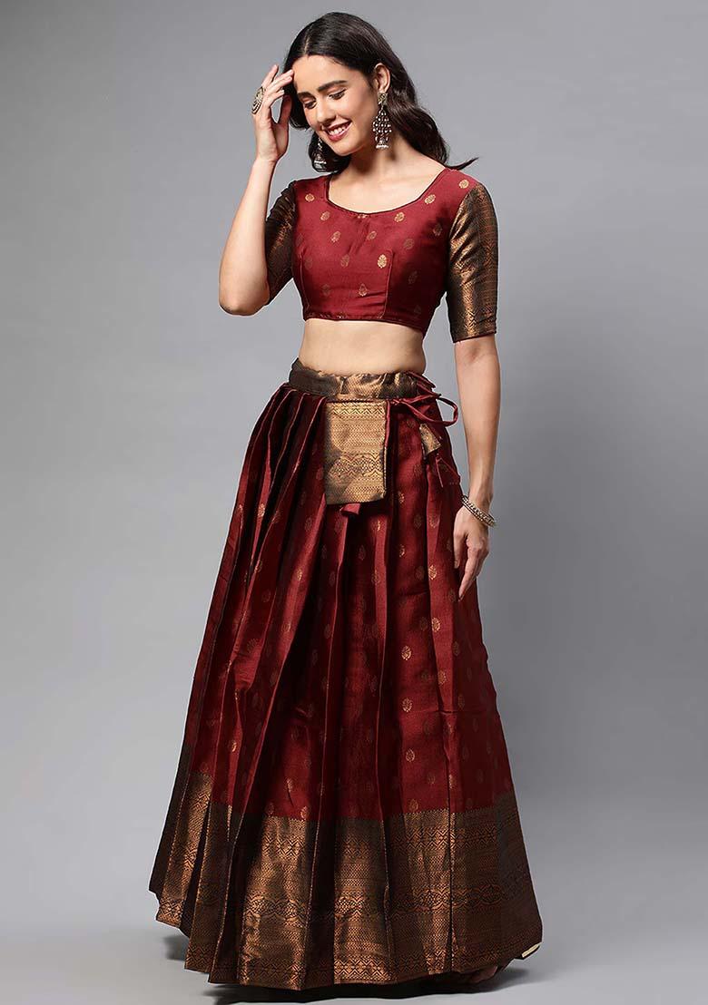 Maroon Zari Work Silk Lehenga Set - Indya