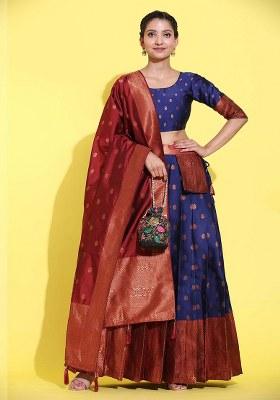 Navy Blue Zari Work Silk Lehenga Set