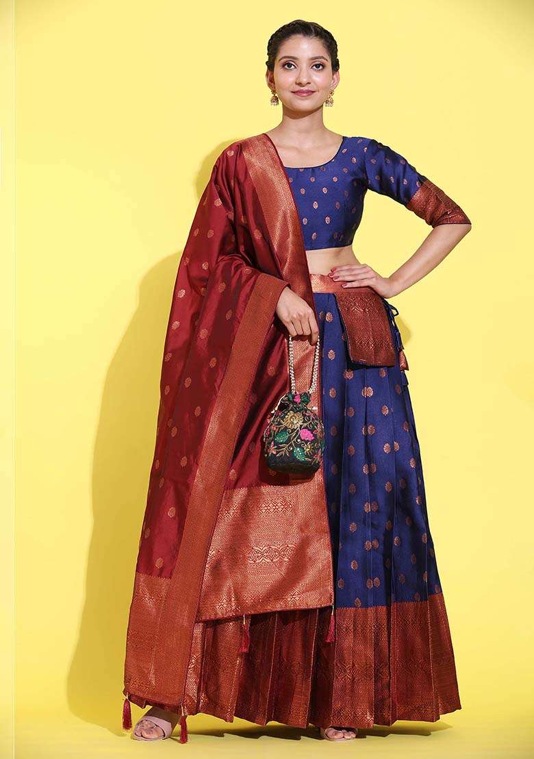 Navy Blue Zari Work Silk Blend Lehenga Set for Diwali and Festive Wear - Indya