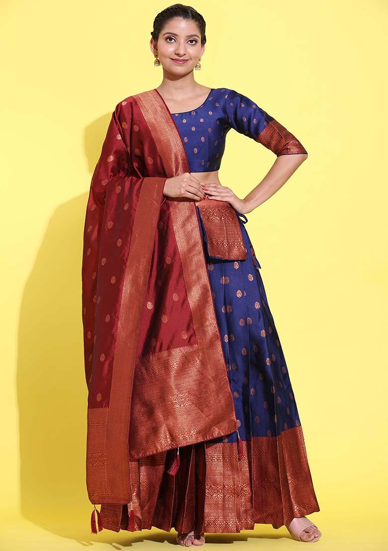 Navy Blue Zari Work Silk Lehenga Set - Indya