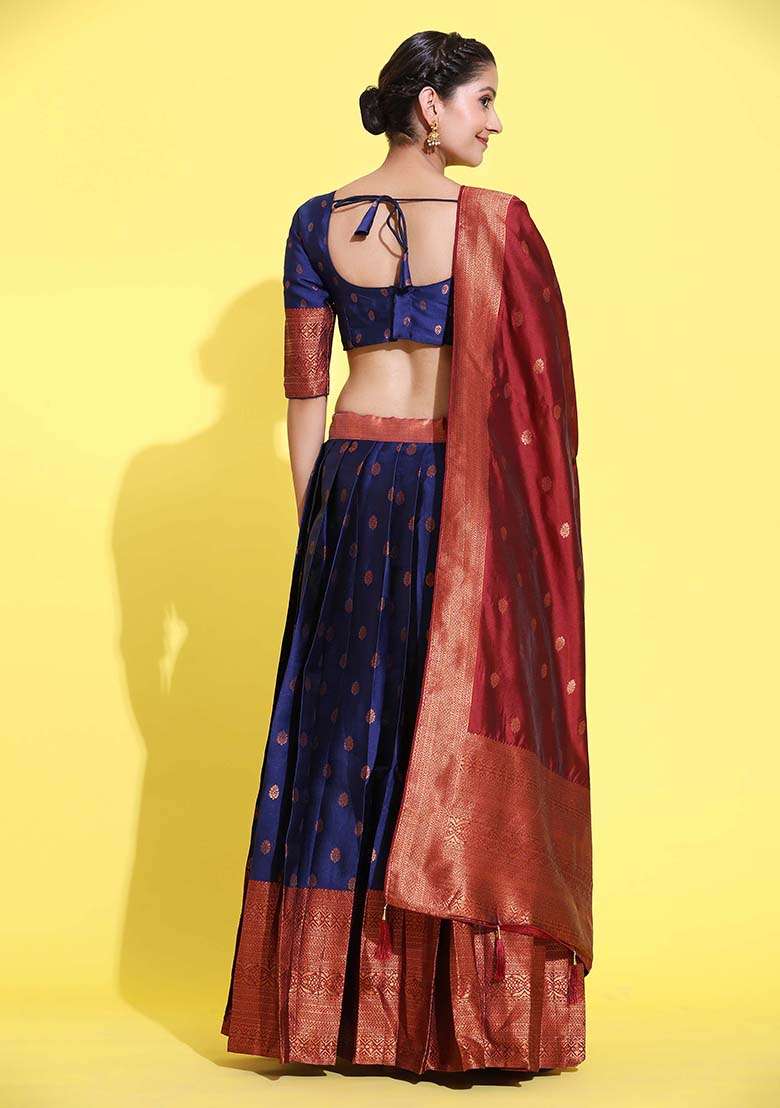 Navy Blue Zari Work Silk Blend Lehenga Set for Diwali and Festive Wear - Indya