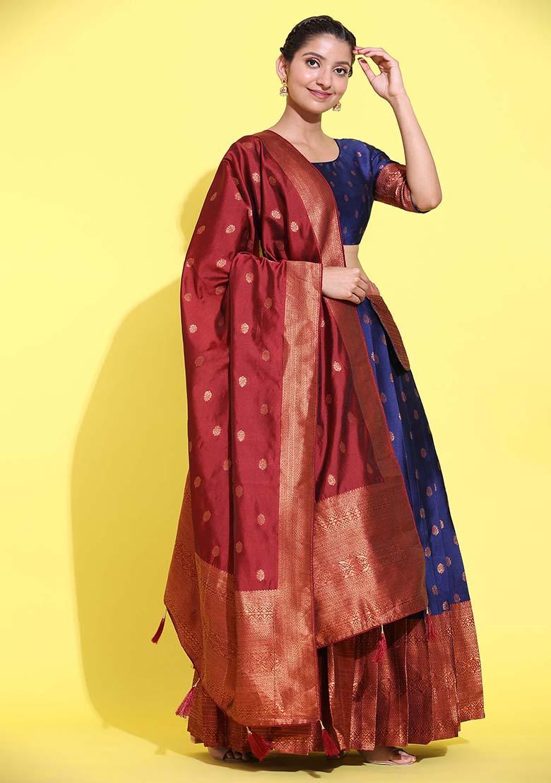 Navy Blue Zari Work Silk Lehenga Set - Indya