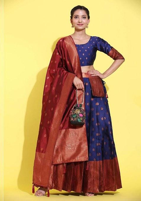 Navy Blue Zari Work Silk Lehenga Set
