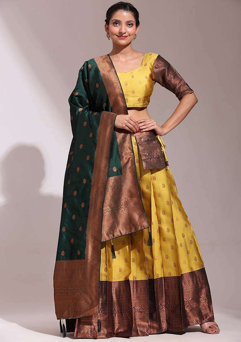 Yellow Silk Blend Lehenga Set with Zari Work for Diwali | Wedding & Festive Wear - Indya