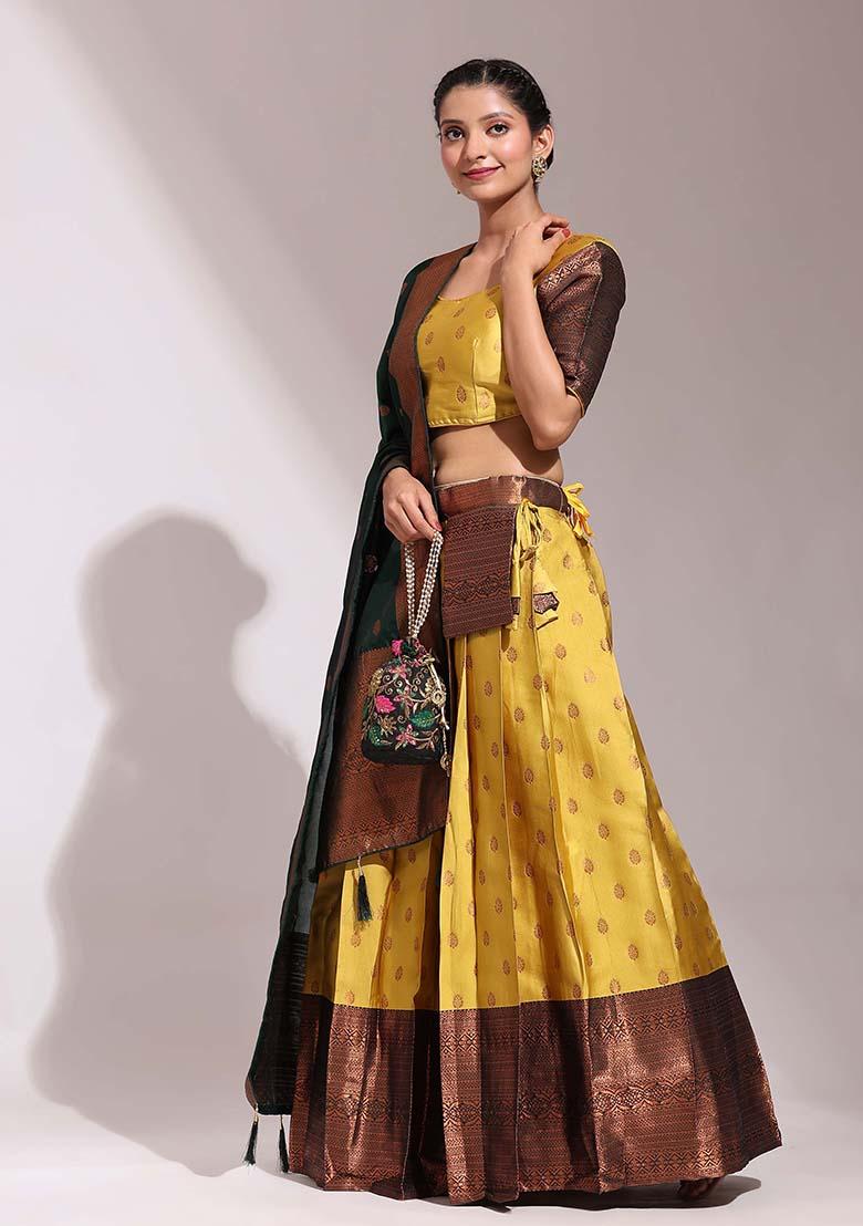 Yellow Zari Work Silk Lehenga Set - Indya