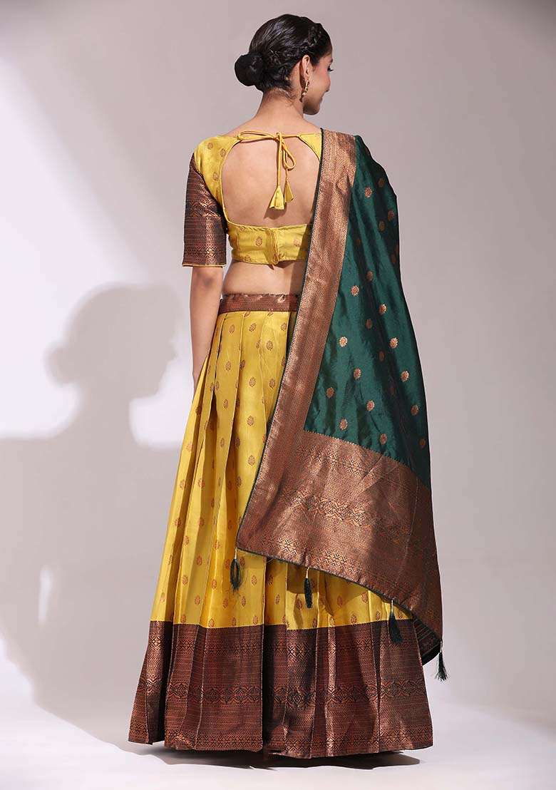 Yellow Silk Blend Lehenga Set with Zari Work for Diwali | Wedding & Festive Wear - Indya