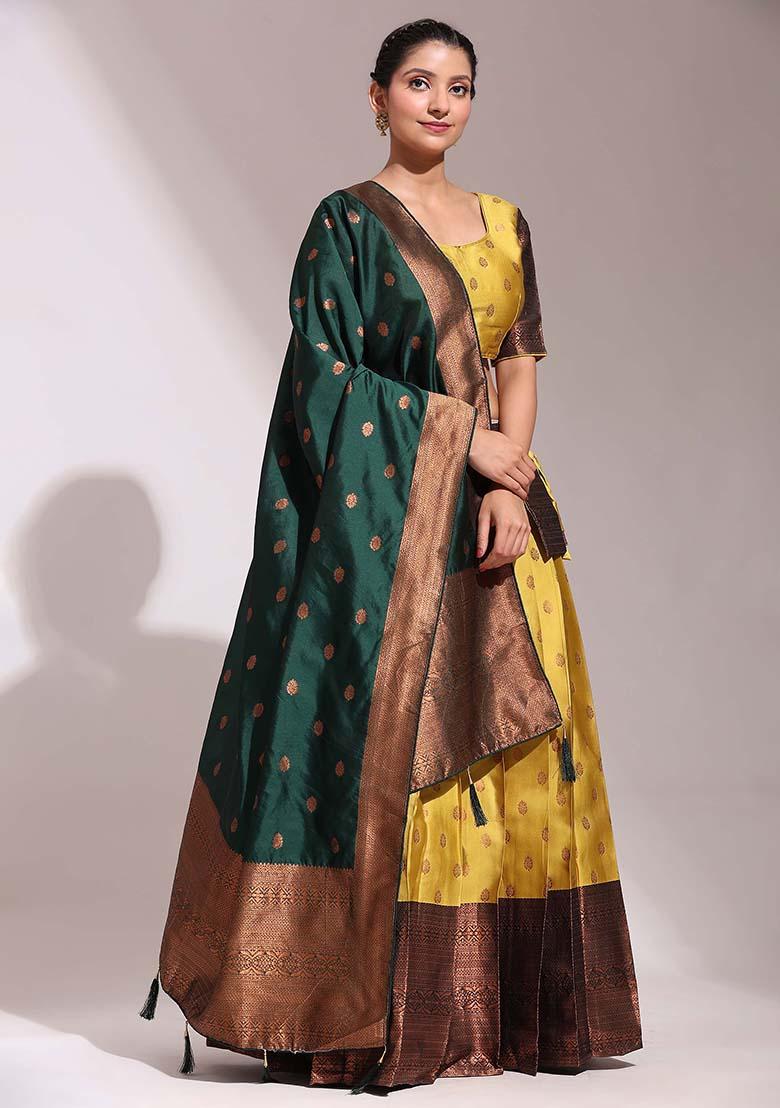 Yellow Zari Work Silk Lehenga Set - Indya