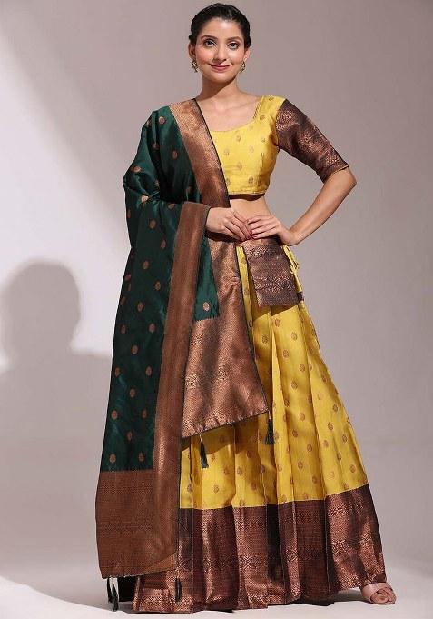 Yellow Zari Work Silk Lehenga Set