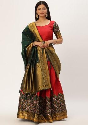 Red Zari Work Silk Lehenga Set