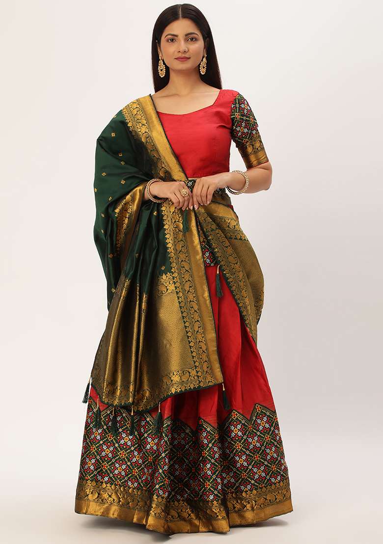 Red Silk Blend Lehenga Set with Zari Work for Diwali | Wedding & Festive Wear - Indya