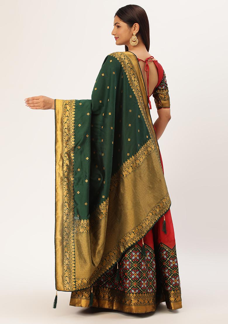 Red Zari Work Silk Lehenga Set - Indya