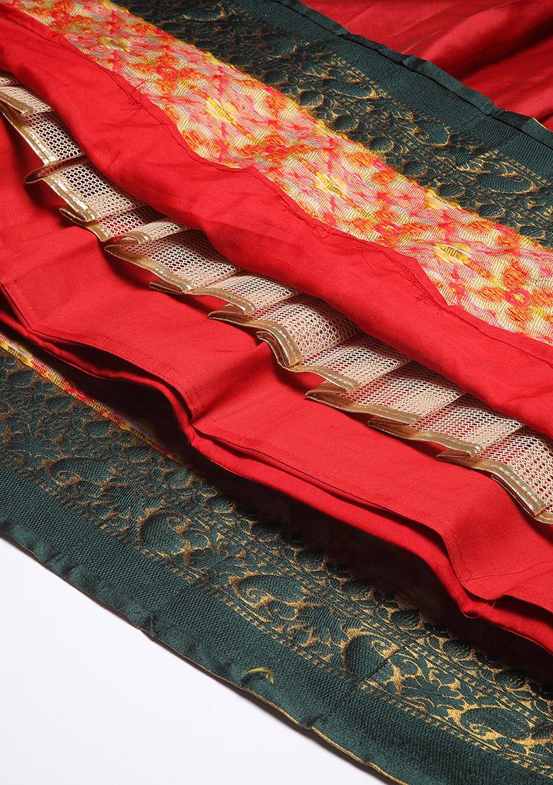Red Zari Work Silk Lehenga Set - Indya