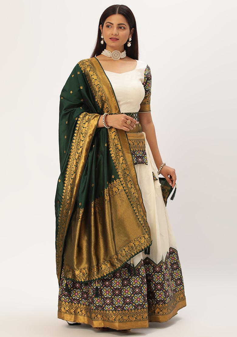 Off White Zari Work Silk Lehenga Set - Indya