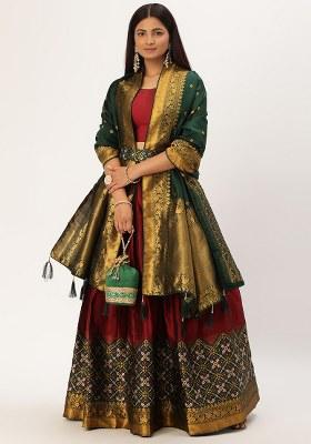 Maroon Zari Work Silk Lehenga Set