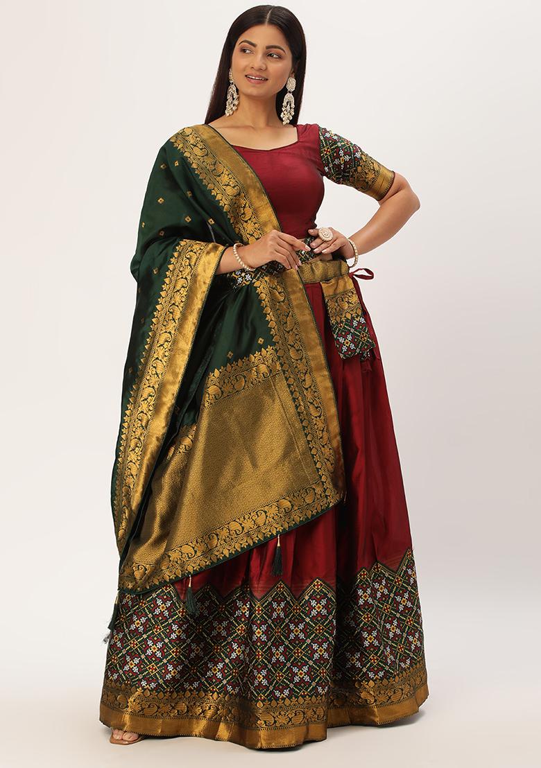 Maroon Zari Work Silk Lehenga Set - Indya