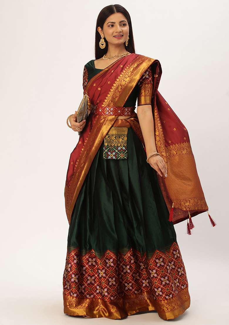 Green Silk Blend Lehenga Set with Zari Work for Diwali | Wedding & Festive Wear - Indya