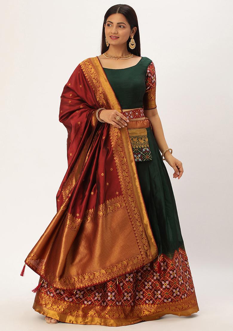 Green Zari Work Silk Lehenga Set - Indya