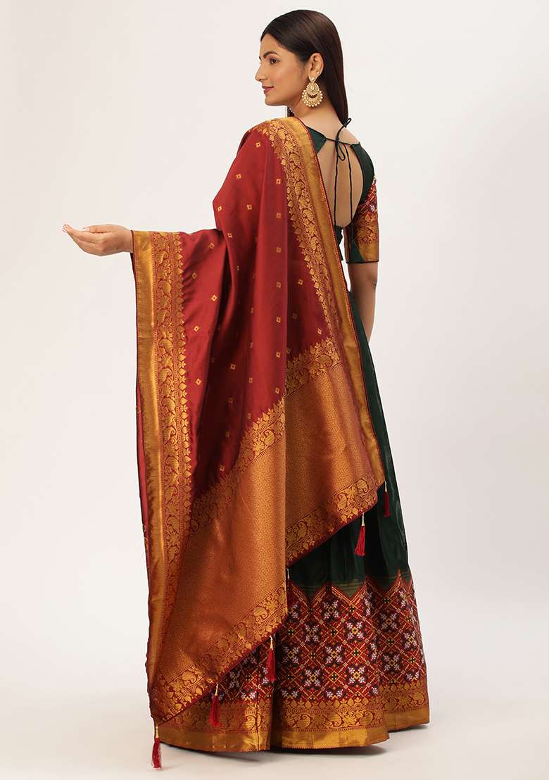 Green Silk Blend Lehenga Set with Zari Work for Diwali | Wedding & Festive Wear - Indya