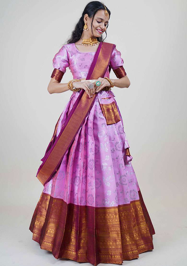 Pink Zari Work Silk Blend Lehenga Set for Diwali and Festive Wear - Indya