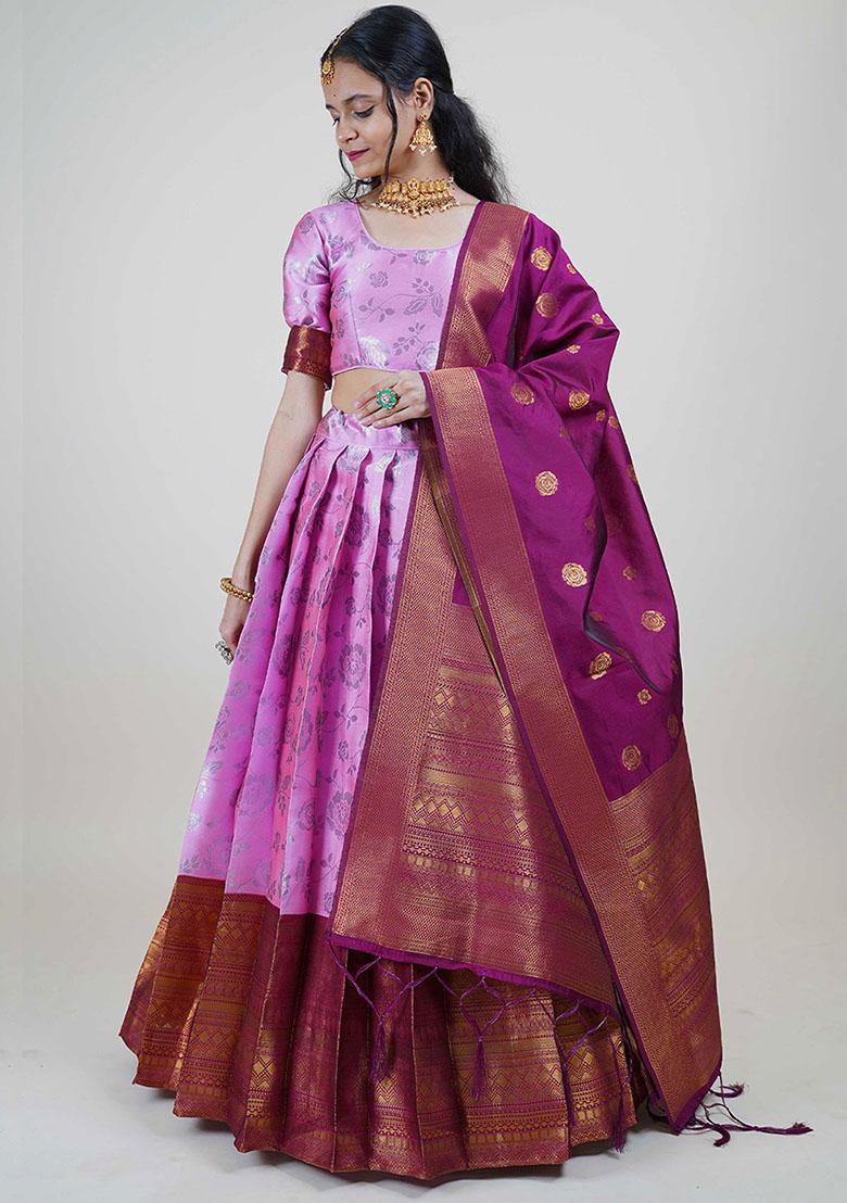 Pink Zari Work Silk Lehenga Set - Indya