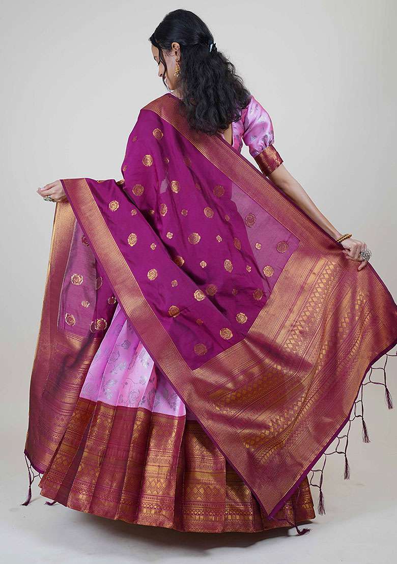 Pink Zari Work Silk Blend Lehenga Set for Diwali and Festive Wear - Indya