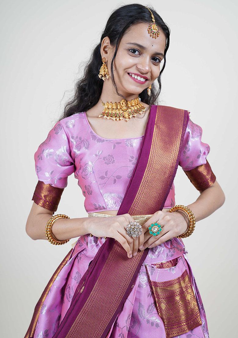Pink Zari Work Silk Lehenga Set - Indya