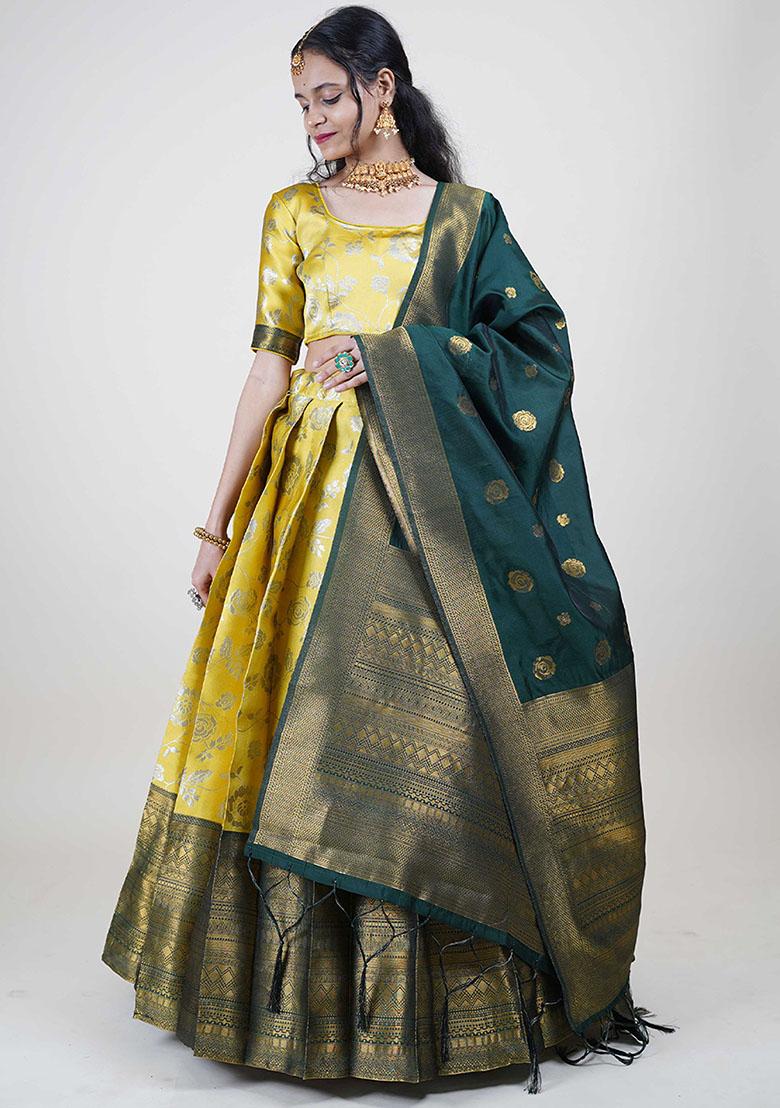 Mustard Zari Work Silk Lehenga Set - Indya